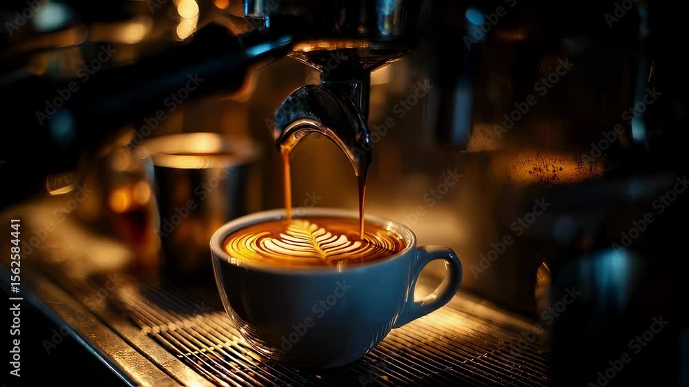 In a warm dimly lit kitchen a barista skillfully pulls an espresso shot from a highend coffee machine. The espresso cascades into a simple white cup while the vibrant crema forms intricate