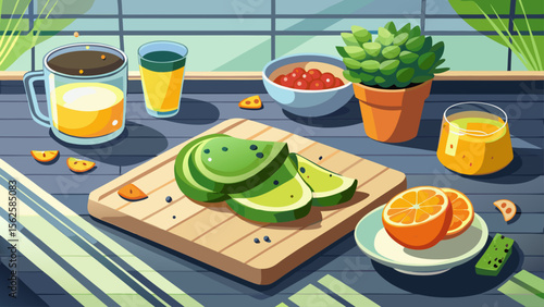 A minimalist urban loft hosts a serene breakfast scene, with avocado toast on whole grain bread, sprinkled with chili flakes, resting on a slate serving board beside a small glass of orange juice.