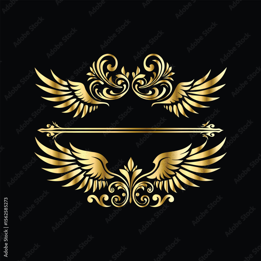 Fototapeta premium Gold floral round frame on black background. Vector design element for greeting card, wedding invitation, save the date card. Vintage gold floral round frame. Luxury design element. Vector illustrati 