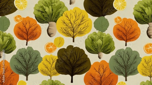 Colorful pattern featuring various trees and citrus fruits on a textured background