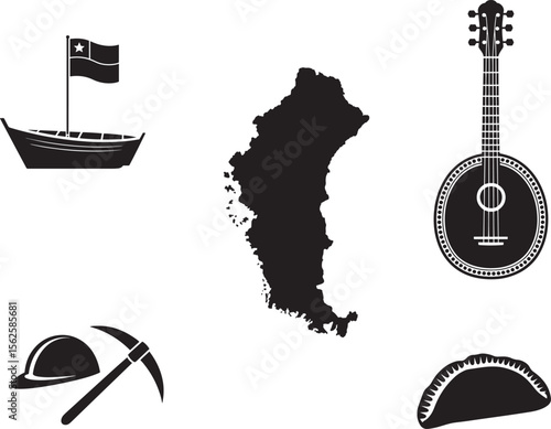 Chile Vector with National Map Fishing Boat Empanada Andes Mandolin Mining Hat and Folkloric Items