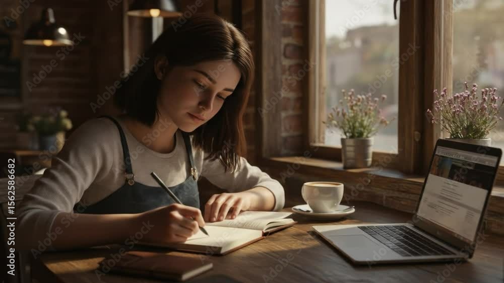 Young woman at café writing with a laptop coffee cup potted plants on the table Young woman at café writing with a laptop coffee cup potted plants on the table
