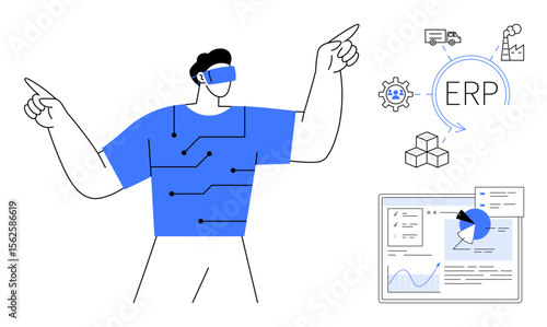 Tech-savvy character in VR gear gesturing to an ERP flowchart with factory, logistics, and analytics tools. Ideal for virtual tools, ERP systems, automation, logistics, smart solutions, technology