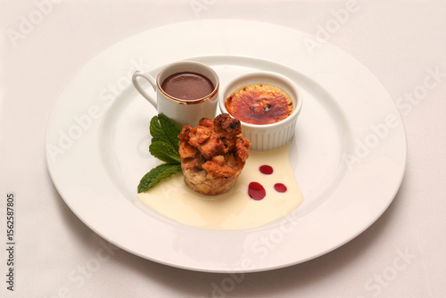 Wallpaper Mural Gourmet Dessert Plate Espresso Bread Pudding Creme Brûlée White Sauce Mint Torontodigital.ca