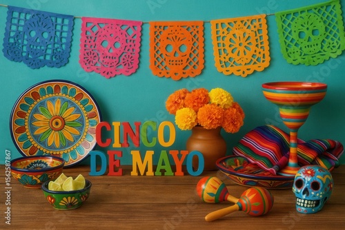 Colorful Mexican fiesta table setting with traditional decorations for Cinco de Mayo celebration
