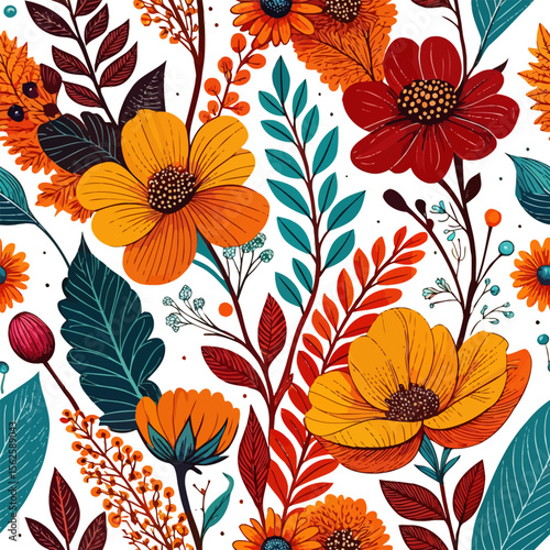 Seamless autumn floral pattern with leaves, vector illustration.