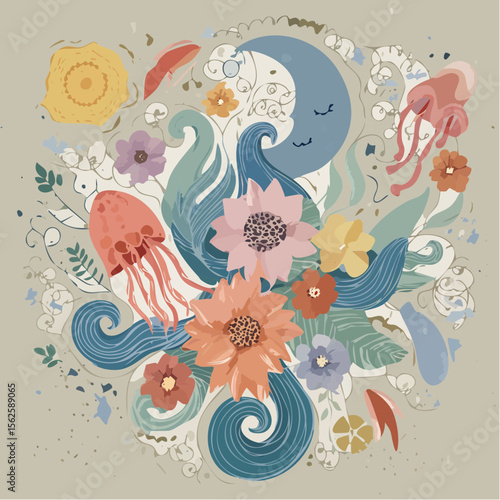 A playful vector artwork with jellyfish, smiling moons, and talking flowers, using bright outlines, big brush strokes, messy layers, and taped scrap textures on a busy background.