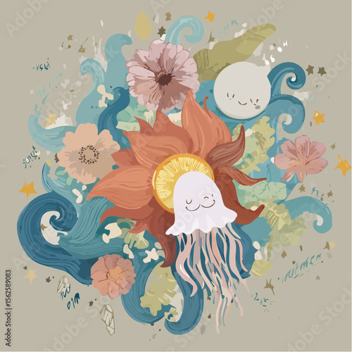 A playful vector artwork with jellyfish, smiling moons, and talking flowers, using bright outlines, big brush strokes, messy layers, and taped scrap textures on a busy background.