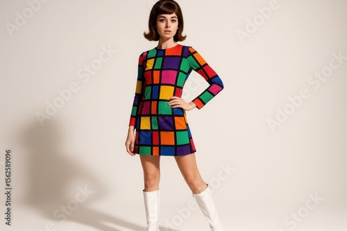 Retro 1960s mod fashion woman in colorful geometric dress and go-go boots