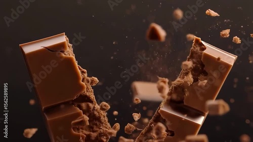 Milk chocolate bar snapping and breaking on dark background