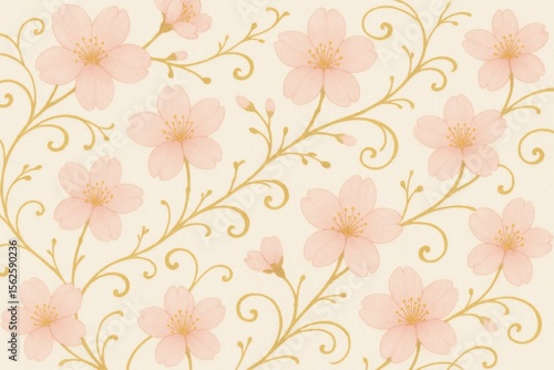 Wallpaper Mural Delicate cherry blossom design with metallic gold accents creating sophisticated Japanese-inspired wallpaper pattern Torontodigital.ca