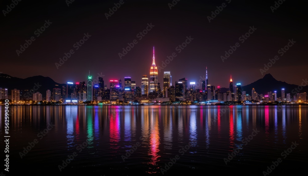 Vibrant City Skyline at Night with Colorful Lights and Reflections on Still Water Vibrant City Skyline at Night with Colorful Lights and Reflections on Still Water