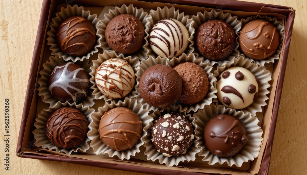 Assorted Handmade Chocolate Truffles Displayed in Elegant Box on Natural Wooden Background Assorted Handmade Chocolate Truffles Displayed in Elegant Box on Natural Wooden Background