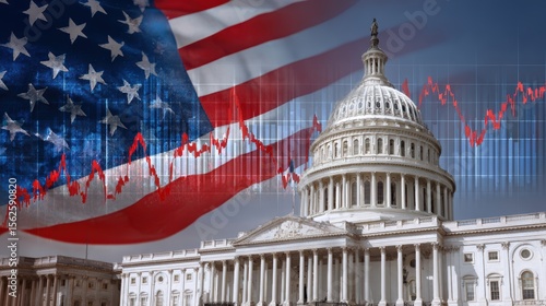 Financial Data Analysis Overlaying the United States Capitol Building with American Flag and Graph