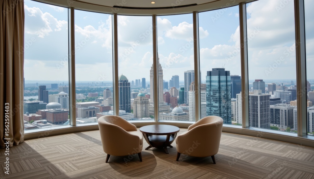 Fototapeta premium Panoramic View of Urban Skyline from Modern Office Space with Comfortable Seating in Daylight