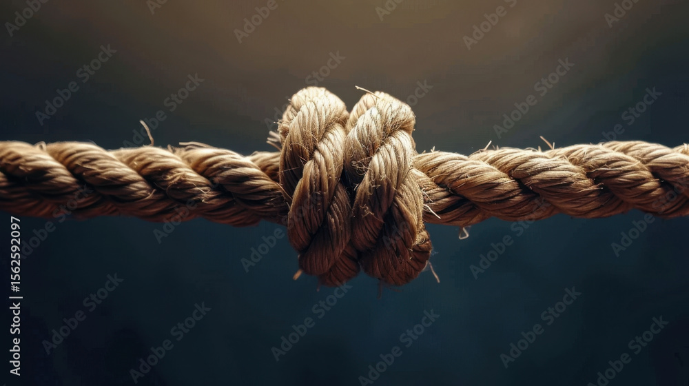 Close up image of tightly knotted rope, showcasing its texture and detail, symbolizing strength and connection Close up image of tightly knotted rope, showcasing its texture and detail, symbolizing strength and connection