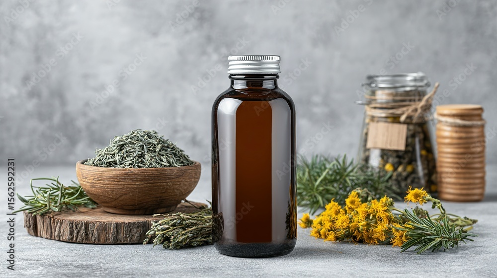 Dried herbs and a dark amber bottle. Dried herbs and a dark amber bottle.