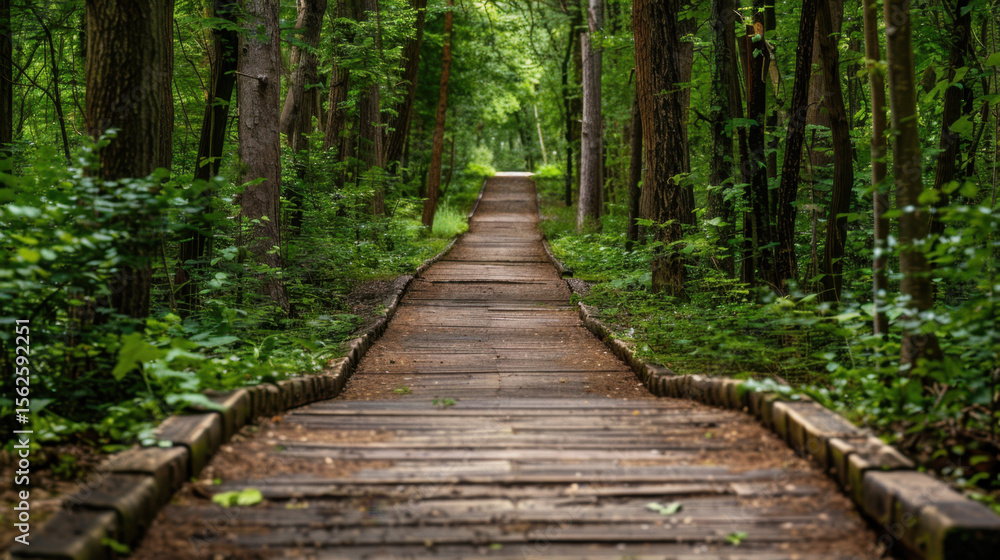 Serene pathway leads through lush green forest, inviting exploration and tranquility. wooden path is surrounded by vibrant foliage, creating Serene pathway leads through lush green forest, inviting exploration and tranquility. wooden path is surrounded by vibrant foliage, creating