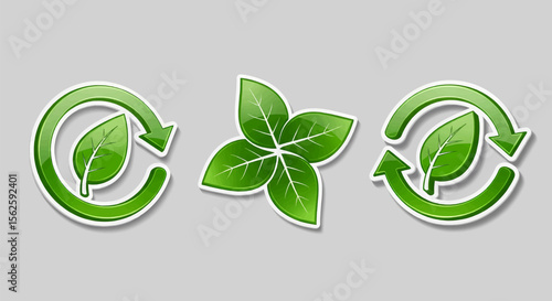 Glossy Green Leaf Icons with Circular Arrows on Gray Background
