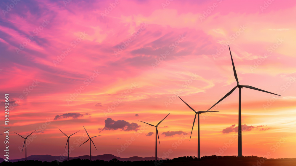 Stunning silhouette of wind turbines against pastel sky at sunset, creating serene and peaceful atmosphere Stunning silhouette of wind turbines against pastel sky at sunset, creating serene and peaceful atmosphere