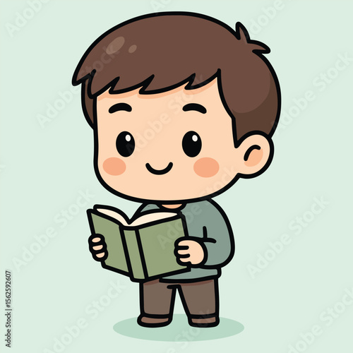 Boy Reading a Book Cartoon Vector | Cute Study & Learning Illustration for Kids