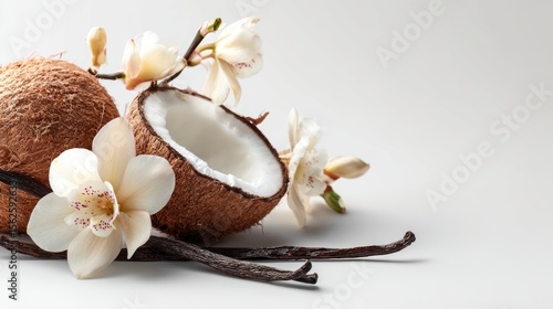Coconut halves with vanilla pods and white flowers on a neutral background showcasing tropical elements