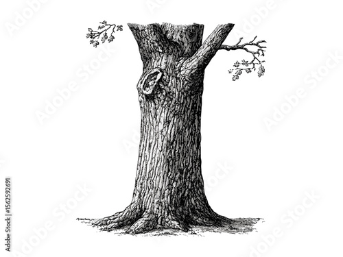 Vintage hand-drawn engraving of Elm Tree Trunk, botanical art, rustic tree decor, elm bark texture, eco-friendly print, woodland nature design, black sketch, retro style, forest illustration