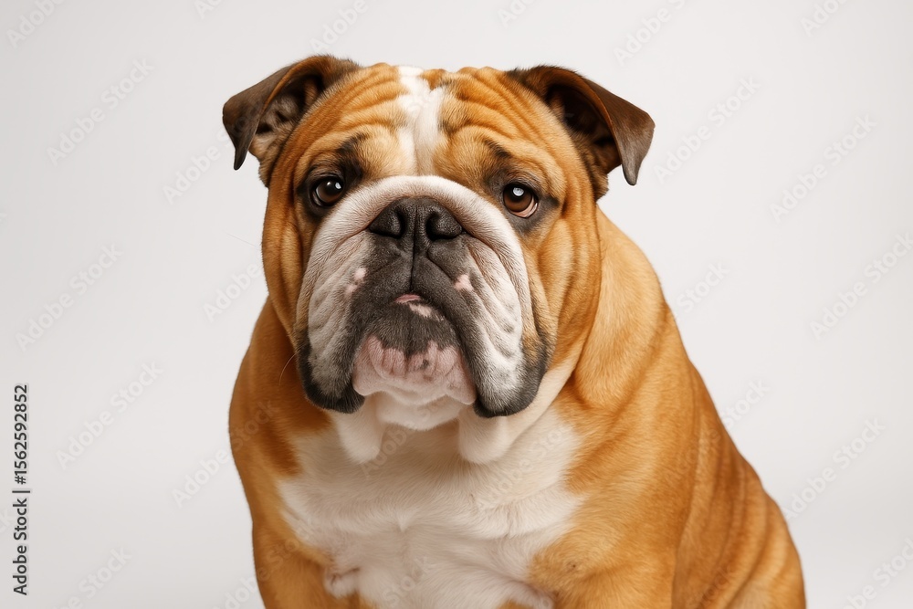 Purebred English Bulldog portrait showcasing distinctive wrinkled features against clean studio background Purebred English Bulldog portrait showcasing distinctive wrinkled features against clean studio background