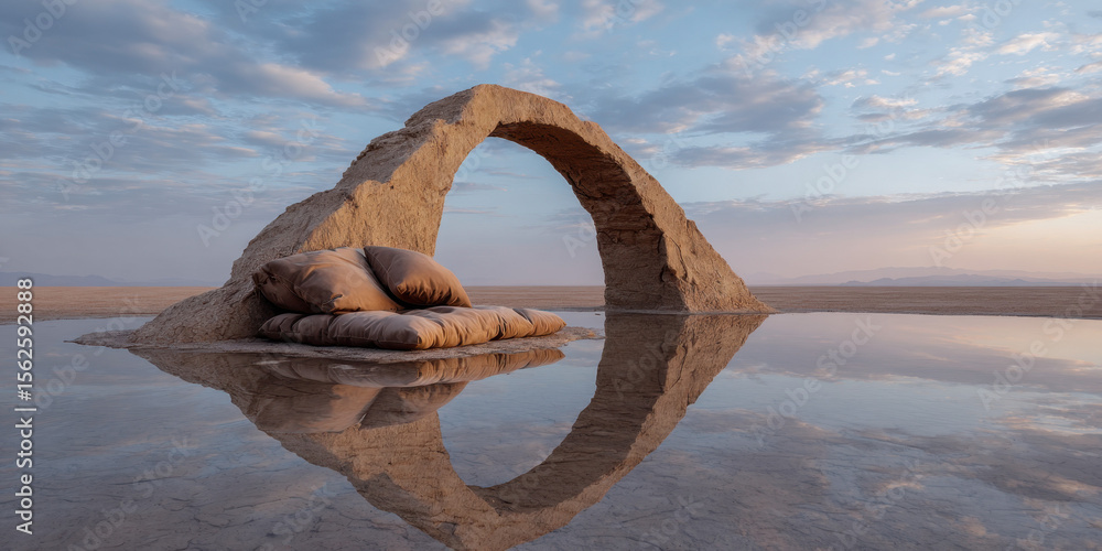 Fototapeta premium Arch-shaped dirt structure beside stacked brown cushions by shallow water