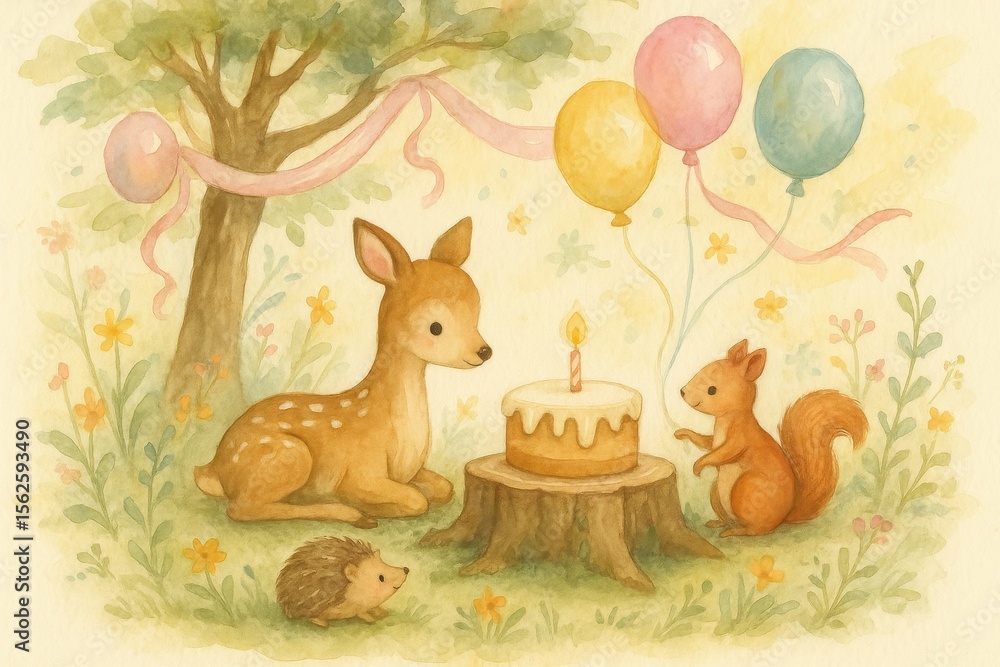 Naklejka premium Watercolor forest animals birthday party with deer, squirrel and hedgehog celebrating with colorful ribbons