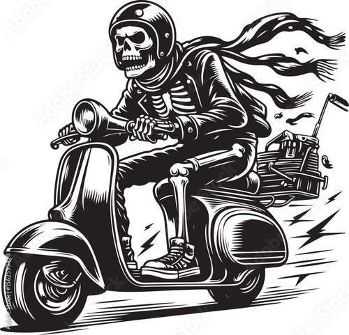 skeleton riding scooter wearing helmet, suitable for t-shirt graphic design, scooter event, logo and others.