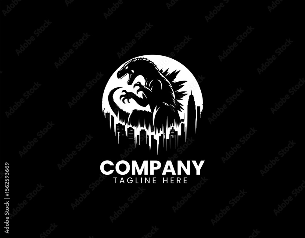 Fototapeta premium Silhouette dragon flying over sunset city skyline in vector logo illustration with fantasy and urban concept