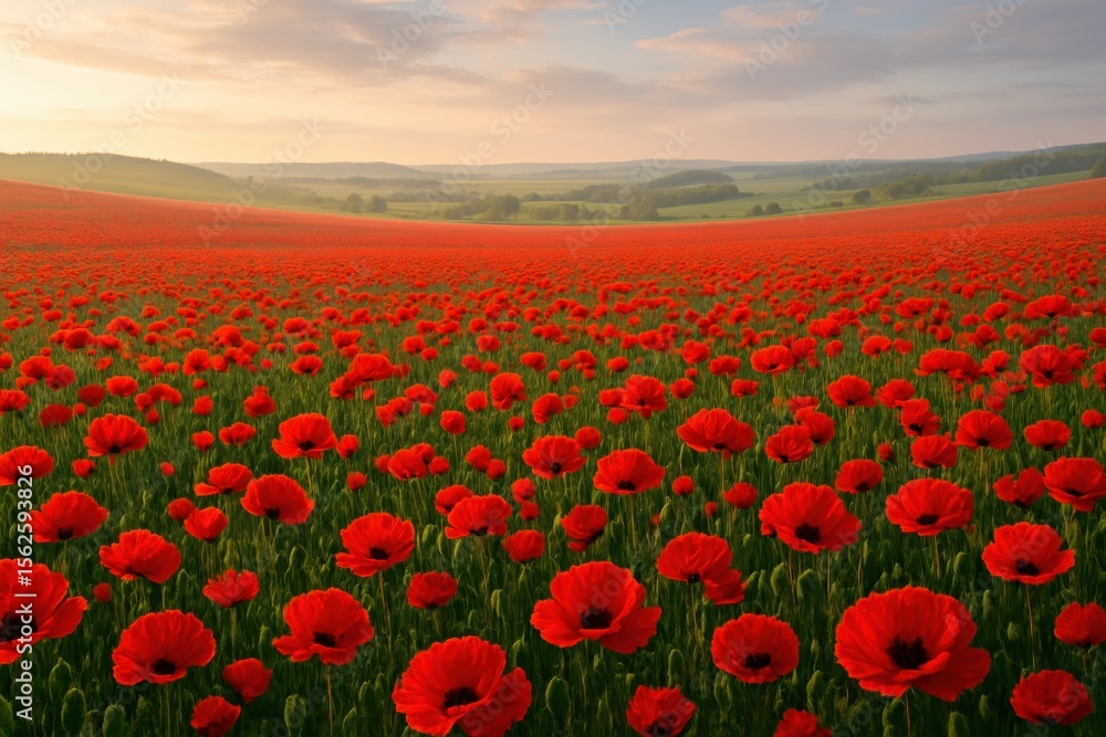 Breathtaking field of brilliant red poppies dancing in morning breeze across expansive wildflower meadow landscape Breathtaking field of brilliant red poppies dancing in morning breeze across expansive wildflower meadow landscape