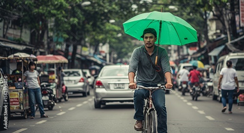Wallpaper Mural Young man cycles through a bustling Asian city street, shielded by a vibrant green umbrella. Torontodigital.ca