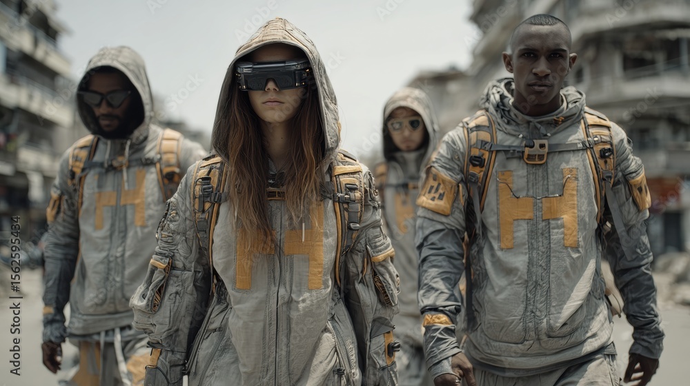 Fototapeta premium Four People in Coordinated Gray and Yellow Outfits Walking Along a City Street