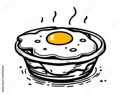 A single fried egg, yolk intact, sits steaming in a small bowl, depicted in a hand-drawn style.