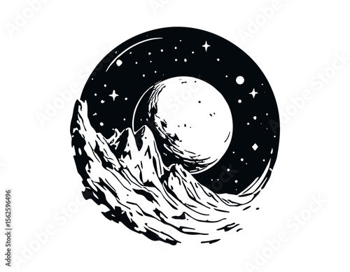 A black and white illustration of mountains, the moon, and a starry night sky.