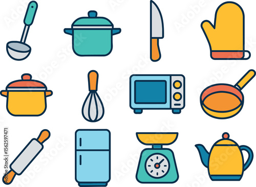 Colorful Kitchen Icon Set – Flat Vector Collection of Cooking Tools and Appliances