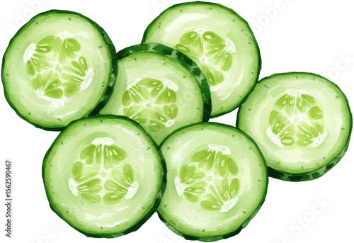 watercolour illustration of cucumber slices on white background