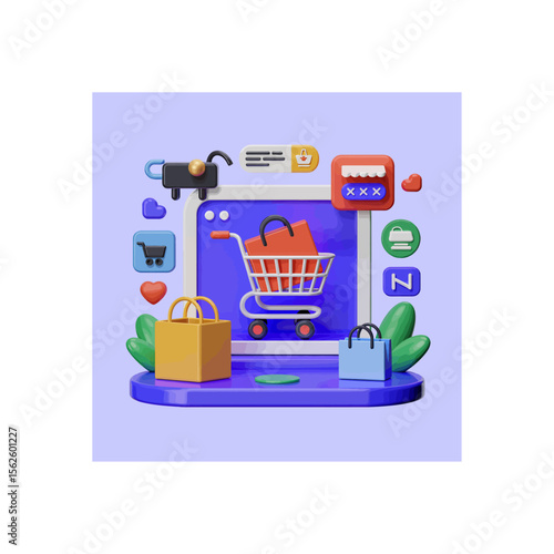 3D online shopping illustration featuring a cart with a red bag, yellow and blue shopping bags, and various related icons set against a blue background