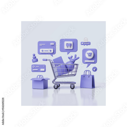 3D rendering of a shopping cart with various e-commerce icons and shopping objects in soft purple tones, showcasing modern online retail concepts