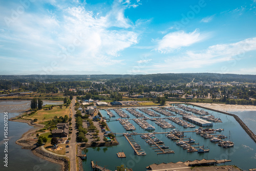 Aerial view of the Blaine, Washington, Marina and the waterfront park. The Port of Bellingham’s Blaine Harbor facility offers excellent docking facilities for recreational and commercial vessels.