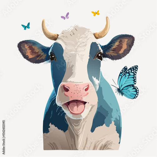 A funny animal vector of a cow sticking its tongue out at a butterfly, captured with sharp focus and natural lighting. Full of charm, personality, and humor in clean realistic style.