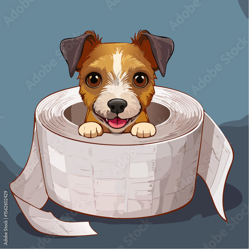 A cheeky vector of a small terrier tangled in toilet paper, full of guilt and charm. Captured in sharp focus with natural lighting and no distractions.