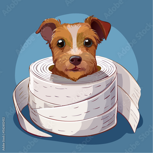 A cheeky vector of a small terrier tangled in toilet paper, full of guilt and charm. Captured in sharp focus with natural lighting and no distractions.