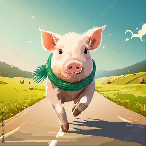 A fun vector of a pig running down the road with a scarf around its neck, captured mid-motion with sharp focus and vibrant personality in a clean and natural setting.