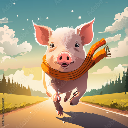 A fun vector of a pig running down the road with a scarf around its neck, captured mid-motion with sharp focus and vibrant personality in a clean and natural setting.