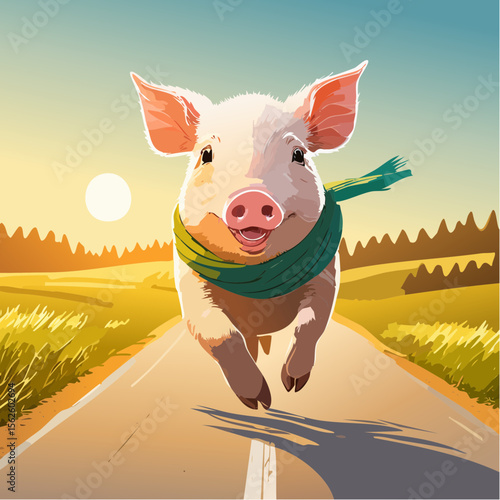 A fun vector of a pig running down the road with a scarf around its neck, captured mid-motion with sharp focus and vibrant personality in a clean and natural setting.