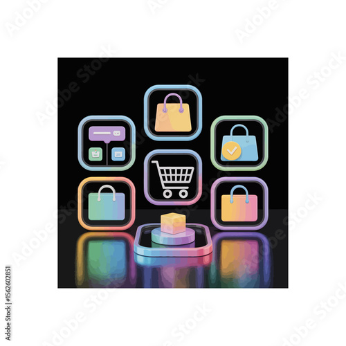 Online shopping concept with digital icons of bags, cart, and payment methods arranged on a dark reflective surface for modern e-commerce