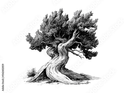 Juniper Tree Trunk vintage engraving, botanical sketch, evergreen bark, retro woodland art, nature illustration, black hand-drawn sketch, old engraving style, eco-friendly botanical print